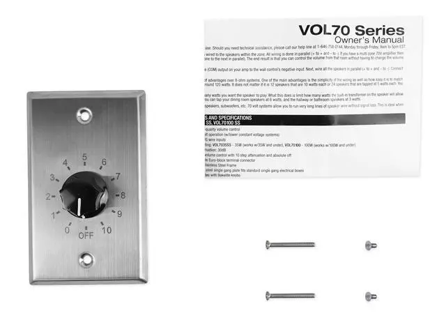 Alt view image 5 of 6 - VOL7035 SS Stainless Steel 35W 70V/100V Wall Volume, 2-Pack | 1-Gang, 11-Step Attenuation, 100V Compatible, Euro-Block Connectors, 30dB Range, ABS Frame, Dust Protected, Compact