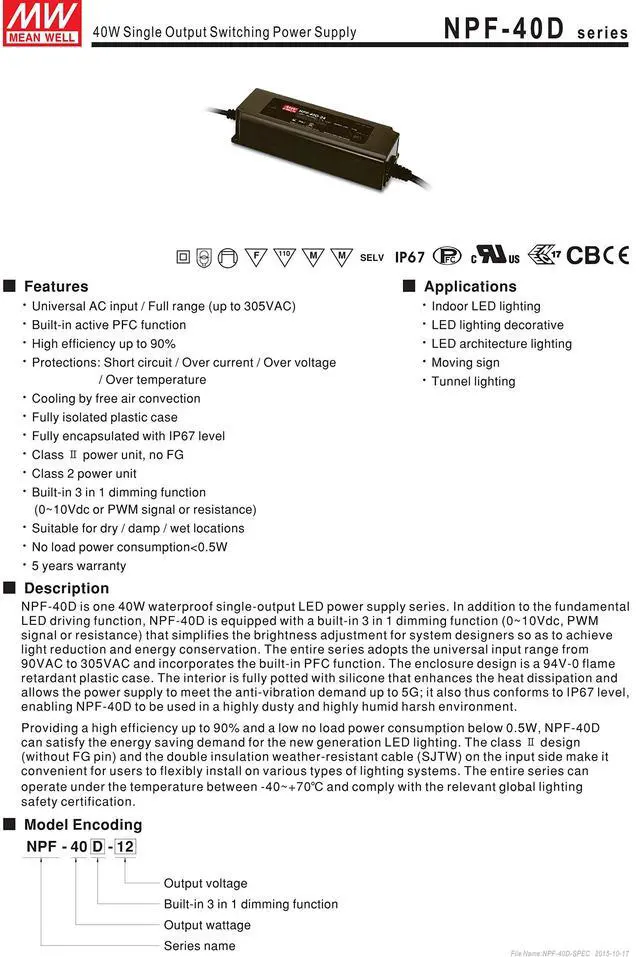 Alt view image 2 of 7 - MW NPF-40D-12 12V 3.34A 40W Single Output Switching with PFC LED Power Supply