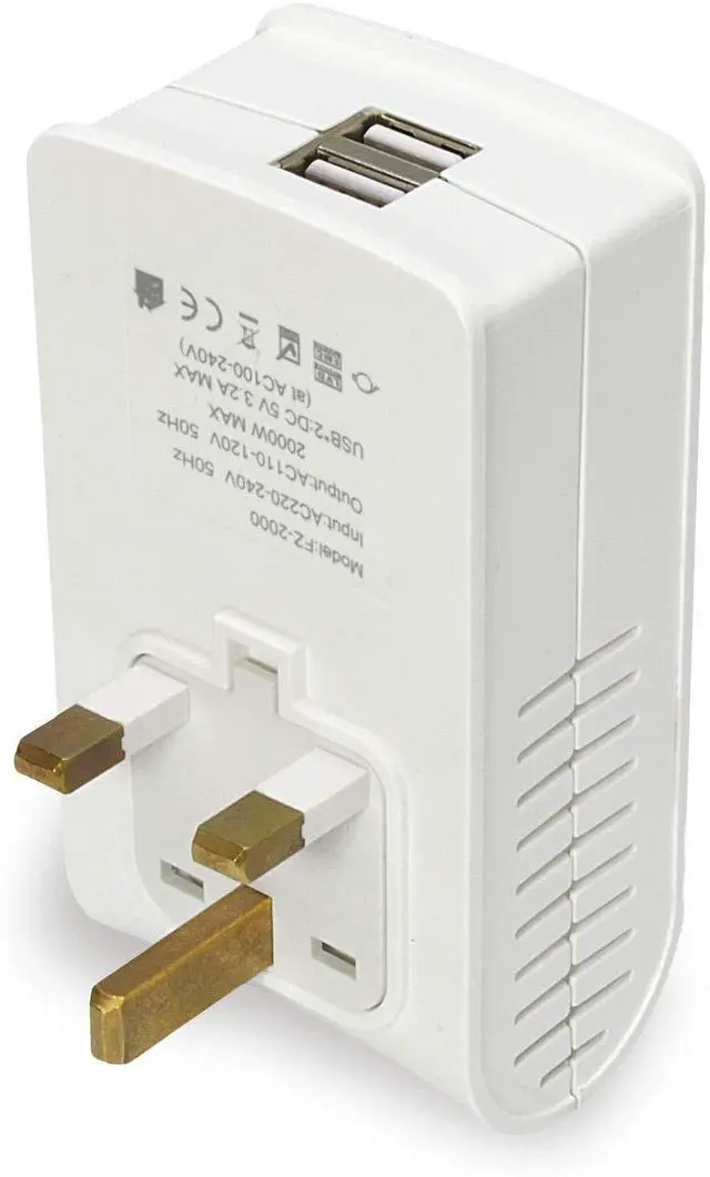Main image of 2000W Travel Voltage Converter for Hair Dryer - Dual USB for Cell Phones, Charger, UK Hong Kong Type G Plug (FZ2000-G)