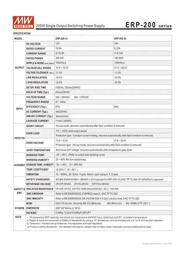 Alt view image 2 of 5 - ERP-200-24 199.92W Single Output Switching Power Supply 24V 8.33A