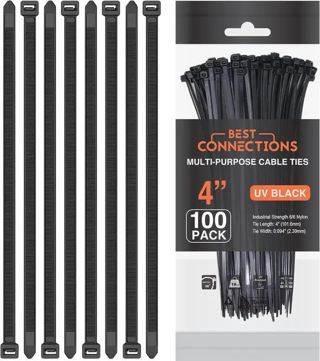 Main image of Black Zip Ties 4 Inch 2000 Pack - Self-Locking Nylon Cable Ties 18 Lbs - Multi-Purpose Wire Ties for Cable Management - Indoor & Outdoor