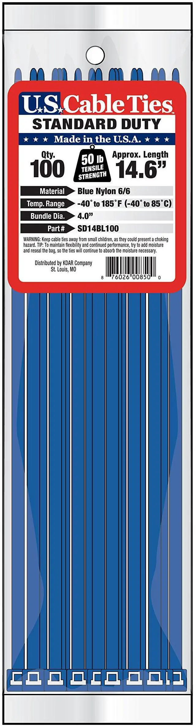 Main image of US Cable Ties SD14BL100 14-Inch Standard Duty Cable Ties, Blue, 100-Pack