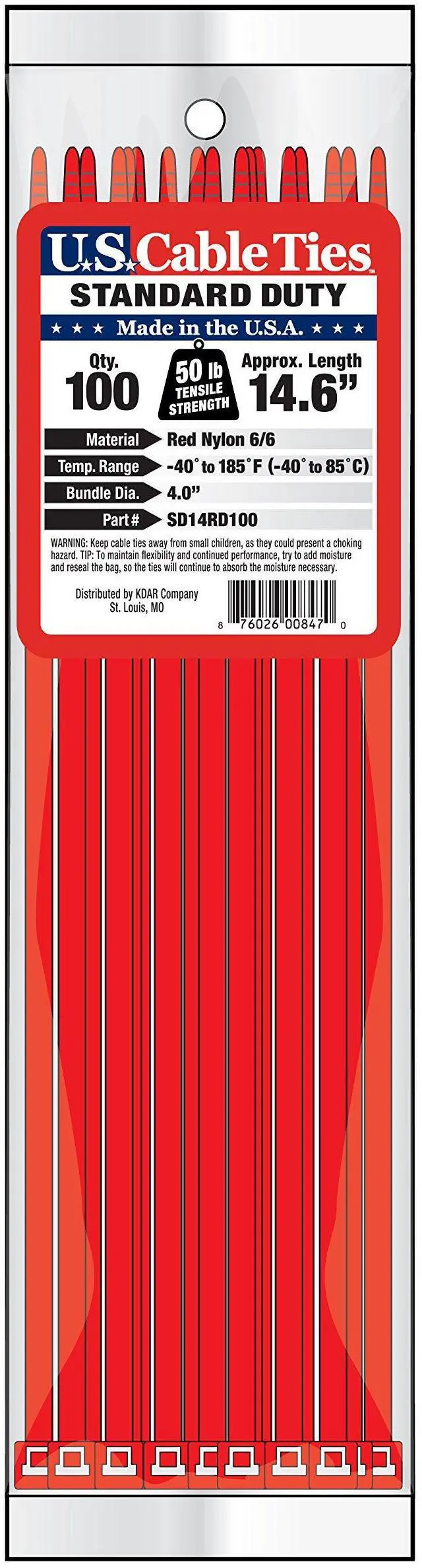 Main image of US Cable Ties SD14RD100 14-Inch Standard Duty Cable Ties, Red, 100-Pack