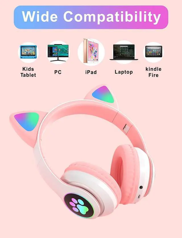 Alt view image 2 of 6 - CAT YOWU Wireless Headphones with Microphone, Over-Ear Bluetooth Cat Ear Headphones for Kids and Teens (Pink)