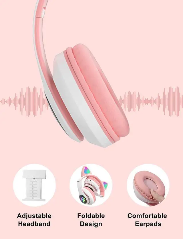 Alt view image 3 of 6 - CAT YOWU Wireless Headphones with Microphone, Over-Ear Bluetooth Cat Ear Headphones for Kids and Teens (Pink)