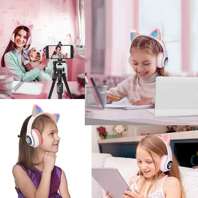 Alt view image 4 of 6 - CAT YOWU Wireless Headphones with Microphone, Over-Ear Bluetooth Cat Ear Headphones for Kids and Teens (Pink)
