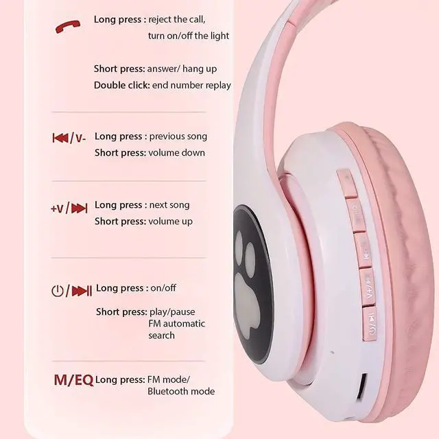 Alt view image 6 of 6 - CAT YOWU Wireless Headphones with Microphone, Over-Ear Bluetooth Cat Ear Headphones for Kids and Teens (Pink)