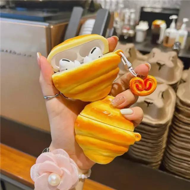 Alt view image 2 of 6 - 3D Croissant Protective Cover, Compatible with AirPods Pro 1st 2nd 3rd Gen & AirPods 1st 4th Gen, Cute Funny Food-Themed Design, Durable Silicone Cover (Yellow,for Airpods 3)