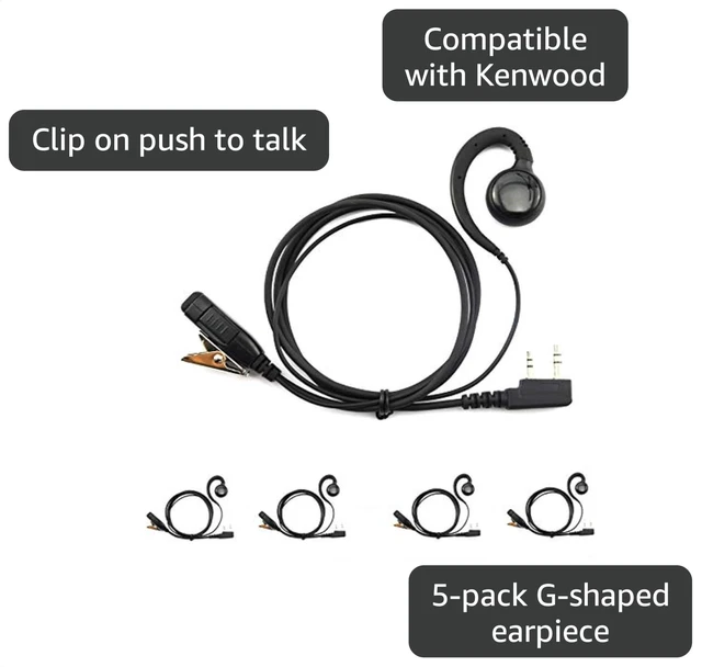 Alt view image 3 of 4 - 5-Pack G-Shaped in-Ear Headphone with Clip on PTT for Kenwood 2 Pin TH-K20A TK-3160 TK-3180 TK-3360 TH-235 NX-320 KPG87D K2