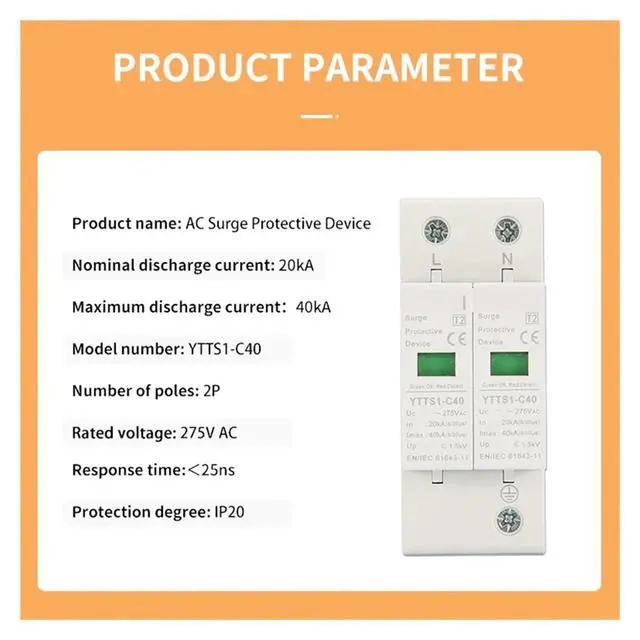 Alt view image 4 of 6 - YTTS1-C40 SPD 2P 275V AC 40KA Surge Protector Lightning Protection Surge Arrester Surge Protective Device