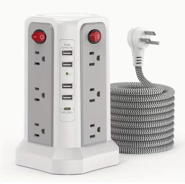 Main image of Surge Protector Power Strip with USB C(PD18W) Port|Flat Plug Braided Cord|Tower Outlets with USB Ports