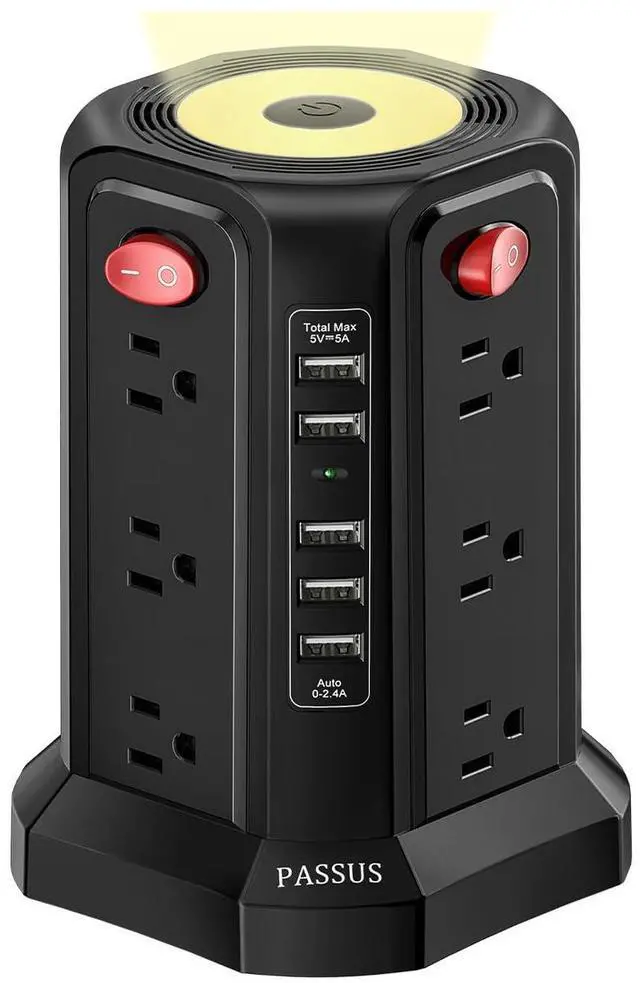 Main image of Tower Power Strip Surge Protector with 5 USB Ports, Upgrade Version 10.2FT Extension Cord with AC Multiple Outlets and Night Light Overload Protection for Home Office Dorm Room Essentials(Black)