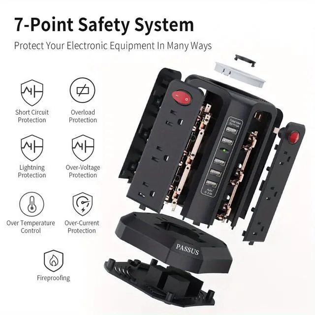 Alt view image 2 of 5 - Tower Power Strip Surge Protector with 5 USB Ports, Upgrade Version 10.2FT Extension Cord with AC Multiple Outlets and Night Light Overload Protection for Home Office Dorm Room Essentials(Black)