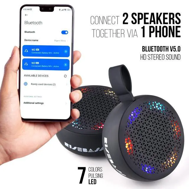 Alt view image 2 of 6 - Water Resistant Bluetooth Shower Speaker, Handsfree Portable Speakerphone Control Buttons with LED Light, True Wireless Stereo for Bathroom, Kitchen, Hiking, Kayak, Beach, Gifts (Black)