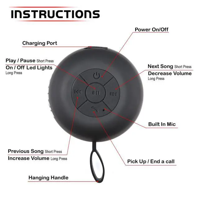 Alt view image 4 of 6 - Water Resistant Bluetooth Shower Speaker, Handsfree Portable Speakerphone Control Buttons with LED Light, True Wireless Stereo for Bathroom, Kitchen, Hiking, Kayak, Beach, Gifts (Black)
