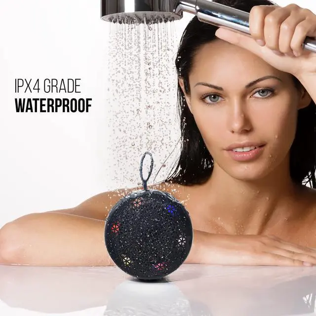 Alt view image 3 of 6 - Water Resistant Bluetooth Shower Speaker, Handsfree Portable Speakerphone Control Buttons with LED Light, True Wireless Stereo for Bathroom, Kitchen, Hiking, Kayak, Beach, Gifts (Black)