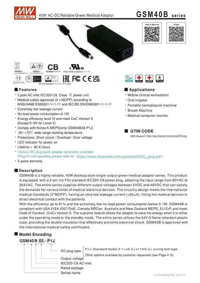 Alt view image 2 of 6 - Mean Well GSM40B12-P1J 40W AC-DC le Medical Adaptor 12V/3.34A