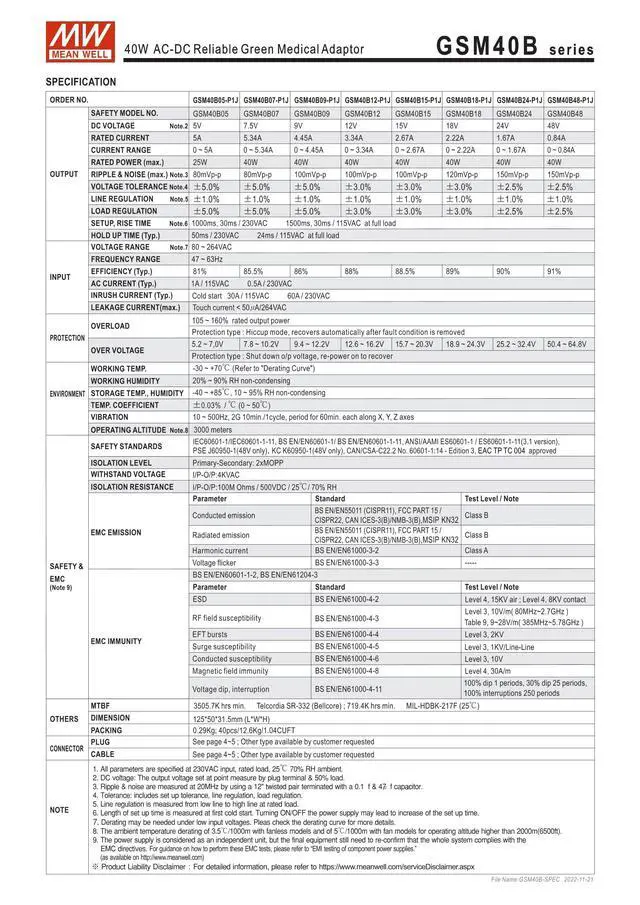 Alt view image 3 of 6 - Mean Well GSM40B12-P1J 40W AC-DC le Medical Adaptor 12V/3.34A