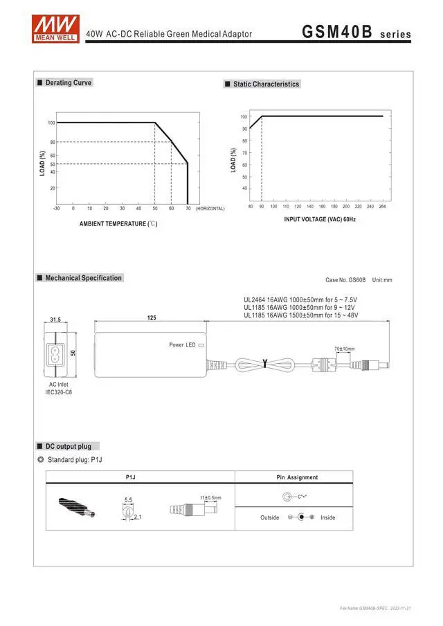 Alt view image 4 of 6 - Mean Well GSM40B12-P1J 40W AC-DC le Medical Adaptor 12V/3.34A