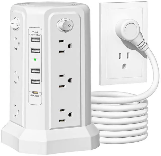 Main image of Surge Protector Power Strip with USB C(PD20W) Port,Tower Outlets with 4 USB A Ports, Flat Plug 10 FT Extension Cord with 12 AC Multiple Outlets White
