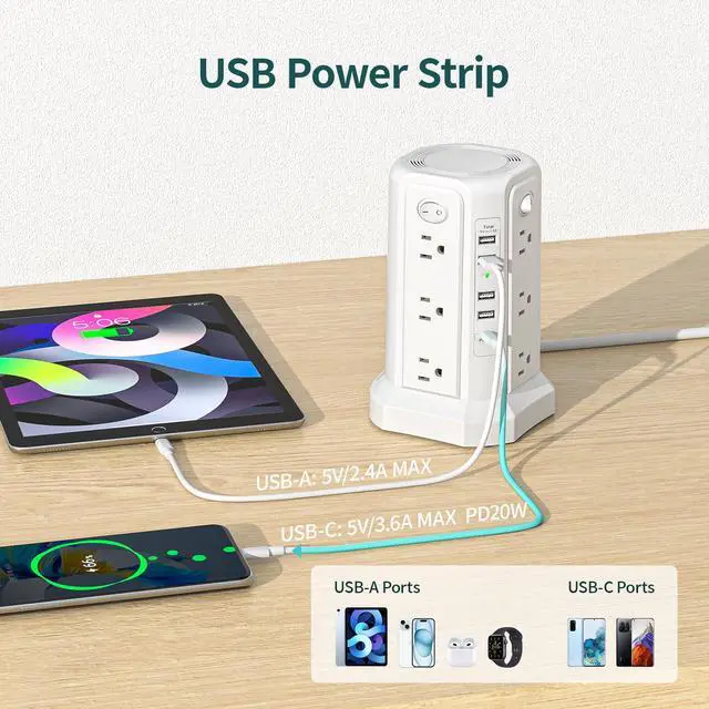 Alt view image 3 of 4 - Surge Protector Power Strip with USB C(PD20W) Port,Tower Outlets with 4 USB A Ports, Flat Plug 10 FT Extension Cord with 12 AC Multiple Outlets White