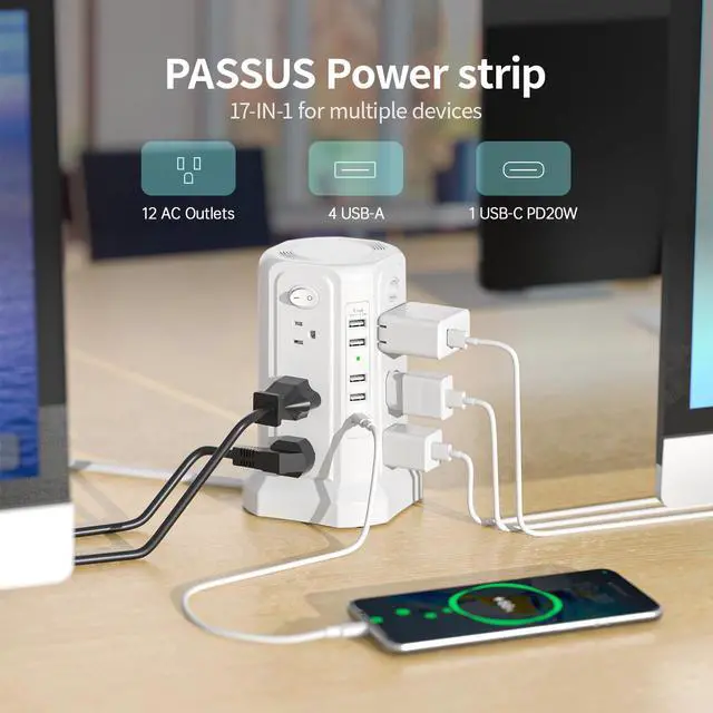 Alt view image 4 of 4 - Surge Protector Power Strip with USB C(PD20W) Port,Tower Outlets with 4 USB A Ports, Flat Plug 10 FT Extension Cord with 12 AC Multiple Outlets White