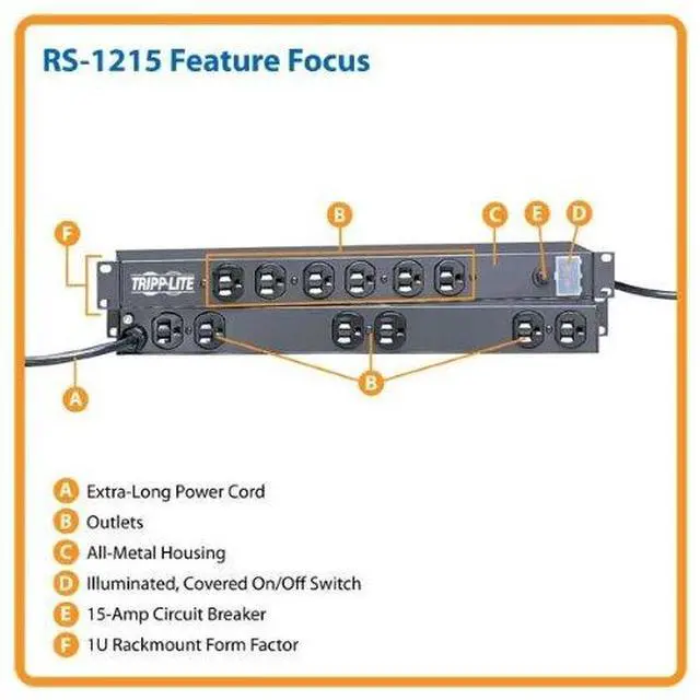 Alt view image 2 of 4 - Power Strip Rackmount Metal 120V 5-15R 12 Outlet 15' Cord 1URM - Power Distribution Strip (Rack-mountable) - AC 120 V - Input: NEMA 5-15 - Output connectors: 12 (NEMA 5-15) - 15 ft Cord