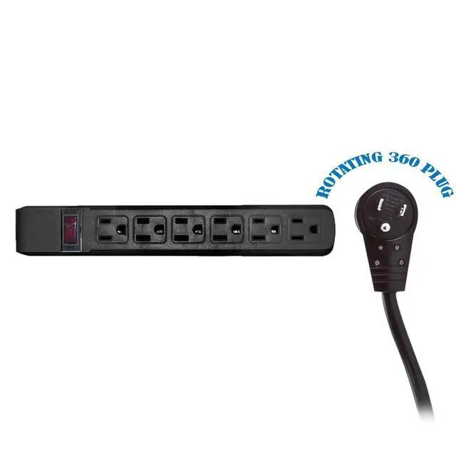 Alt view image 2 of 6 - 15 feet Surge Protector, Flat Rotating Plug, 6 Outlet, Black Horizontal Outlets, Plastic, 15ft Power Cord, Surge Protector Multi Plug