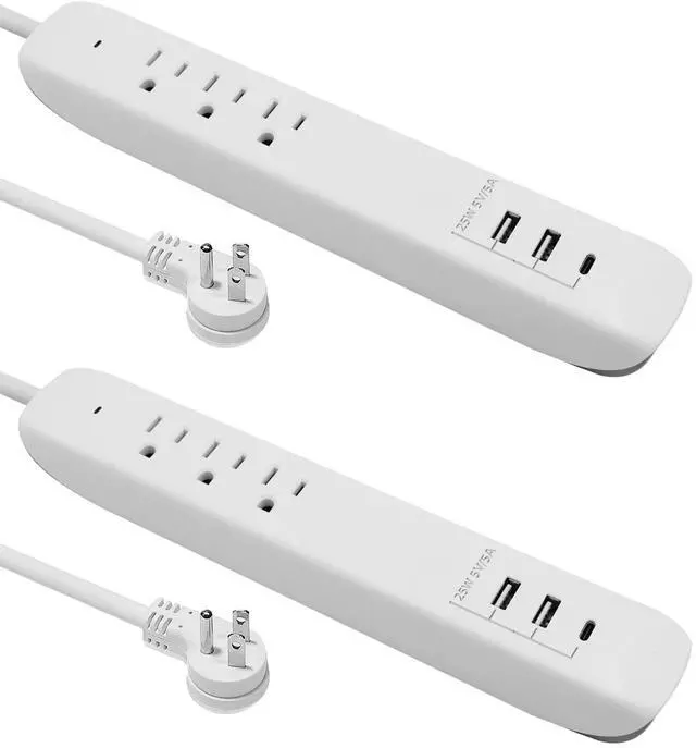 Main image of Power Strip Surge Protector Flat Plug with USB C, 25W Fast Charging, 3 Outlets, 2 USB Ports, USB C Port, Extension Cord 4ft, Charging Station 2 Pack, White