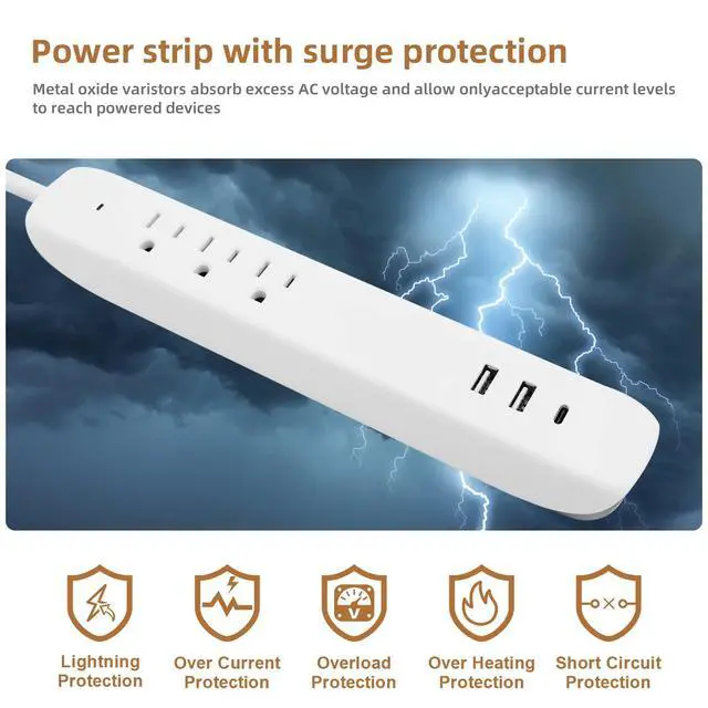 Alt view image 3 of 7 - Power Strip Surge Protector Flat Plug with USB C, 25W Fast Charging, 3 Outlets, 2 USB Ports, USB C Port, Extension Cord 4ft, Charging Station 2 Pack, White