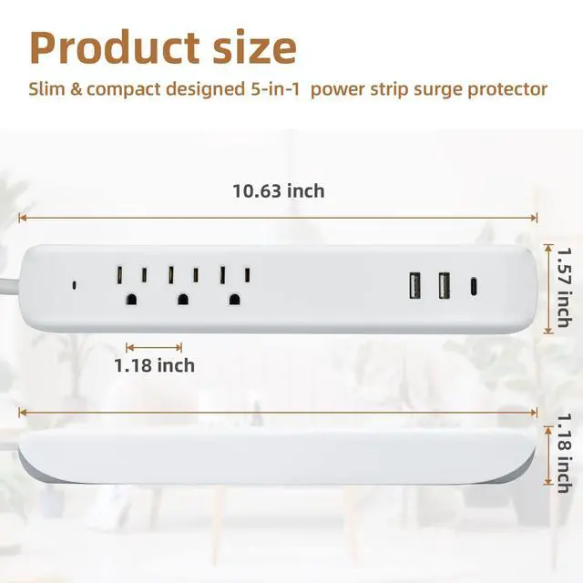 Alt view image 4 of 7 - Power Strip Surge Protector Flat Plug with USB C, 25W Fast Charging, 3 Outlets, 2 USB Ports, USB C Port, Extension Cord 4ft, Charging Station 2 Pack, White
