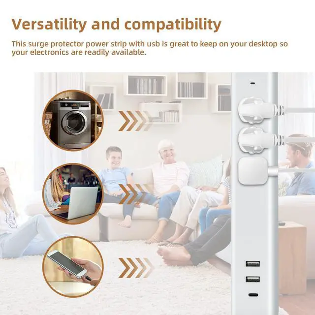 Alt view image 5 of 7 - Power Strip Surge Protector Flat Plug with USB C, 25W Fast Charging, 3 Outlets, 2 USB Ports, USB C Port, Extension Cord 4ft, Charging Station 2 Pack, White