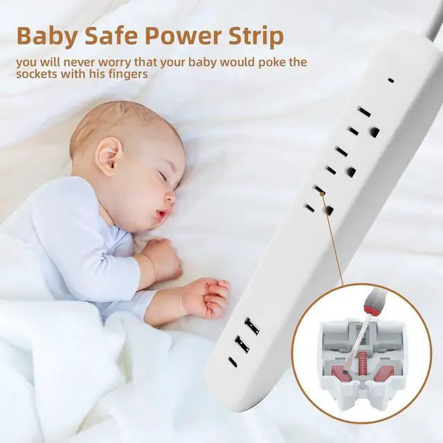 Alt view image 6 of 7 - Power Strip Surge Protector Flat Plug with USB C, 25W Fast Charging, 3 Outlets, 2 USB Ports, USB C Port, Extension Cord 4ft, Charging Station 2 Pack, White