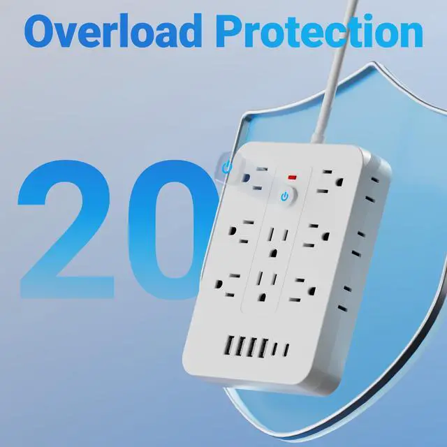 Alt view image 2 of 5 - 20-in-1 Surge Protector Power Strip with 14 AC Outlets, 4 USB & 2 Type-C Ports | Compact Flat Plug Design, Overload Protection, Space-Saving Extension Cord for Home, Office, Kitchen (White, 10FT)