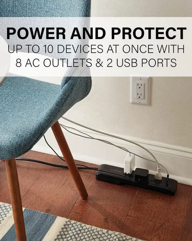 Alt view image 2 of 5 - Surge Protected Power Strip - 8 Outlets & 2 USB Ports