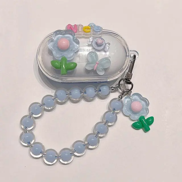 Alt view image 2 of 4 - Case for Samsung Galaxy Buds+ Plus, Lovely Clear Nice Light Blue Flower Pattern Case with Pendant Accessories Case for Samsung Galaxy Buds+ Plus