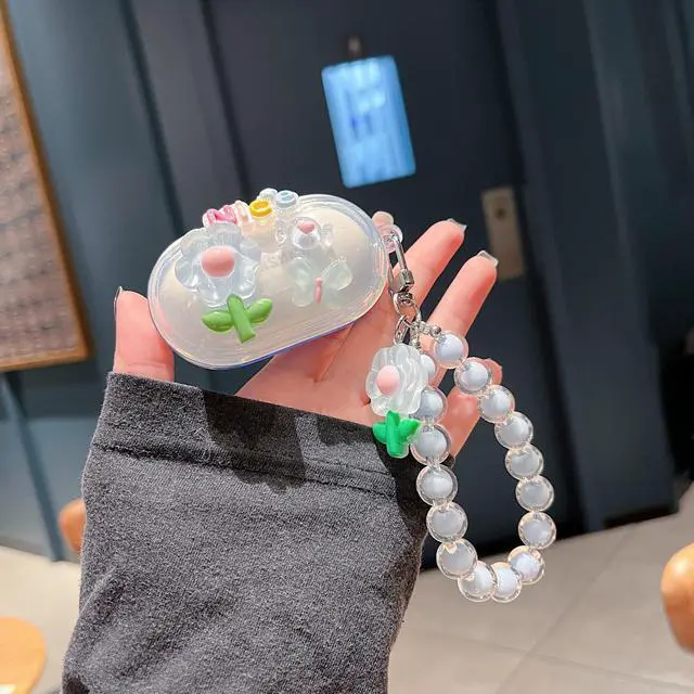 Alt view image 4 of 4 - Case for Samsung Galaxy Buds+ Plus, Lovely Clear Nice Light Blue Flower Pattern Case with Pendant Accessories Case for Samsung Galaxy Buds+ Plus