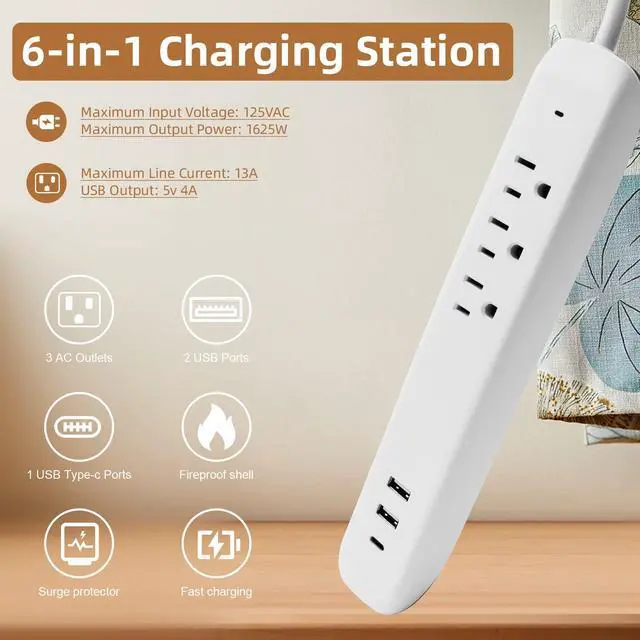 Alt view image 2 of 7 - Power Strip Surge Protector Flat Plug with USB C, 25W Fast Charging, 3 Outlets, 2 USB Ports, USB C Port, Extension Cord 4ft, Charging Station 2 Pack, White