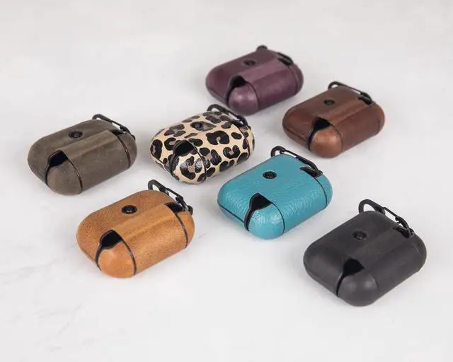 Alt view image 2 of 6 - Genuine Leather Handmade Apple AirPods Pro - Hard Case with Keychain Clip - Support Wireless Chargers - Compatible with AirPods Pro (Black)