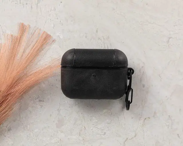 Alt view image 3 of 6 - Genuine Leather Handmade Apple AirPods Pro - Hard Case with Keychain Clip - Support Wireless Chargers - Compatible with AirPods Pro (Black)