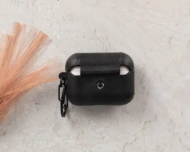 Alt view image 4 of 6 - Genuine Leather Handmade Apple AirPods Pro - Hard Case with Keychain Clip - Support Wireless Chargers - Compatible with AirPods Pro (Black)