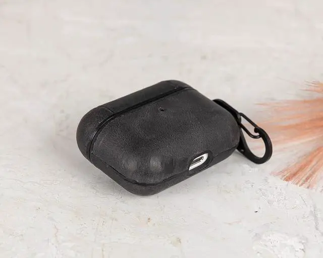 Alt view image 6 of 6 - Genuine Leather Handmade Apple AirPods Pro - Hard Case with Keychain Clip - Support Wireless Chargers - Compatible with AirPods Pro (Black)
