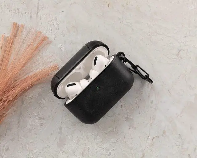 Alt view image 5 of 6 - Genuine Leather Handmade Apple AirPods Pro - Hard Case with Keychain Clip - Support Wireless Chargers - Compatible with AirPods Pro (Black)