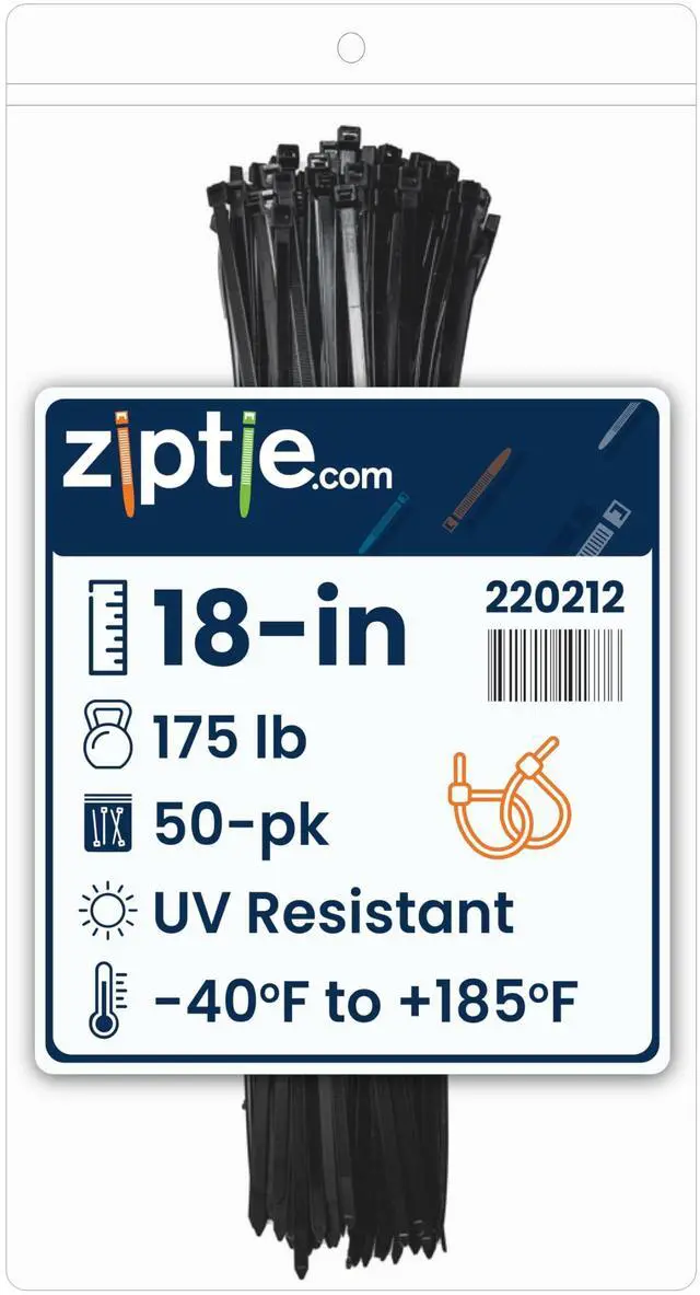 Main image of 18-inch UV Resistant Black Multi-Purpose Cable Tie, 175-lb Tensile Strength, UL 21S Listed, 50-Pack