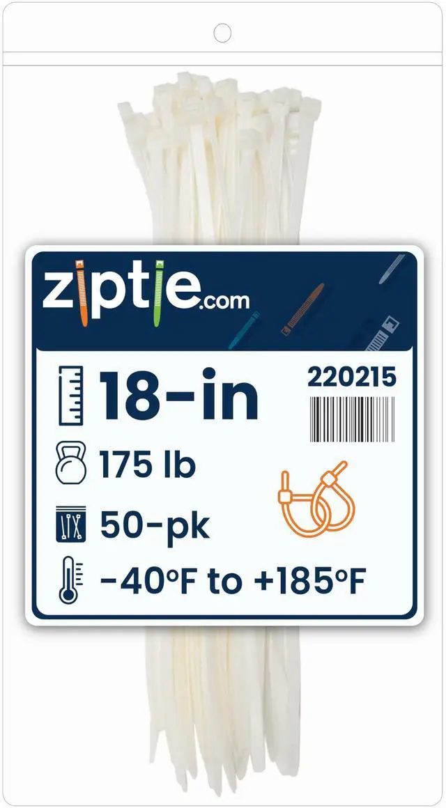 Main image of 18-inch Natural Multi-Purpose Cable Tie, 175-lb Tensile Strength, UL 21S Listed, 50-Pack