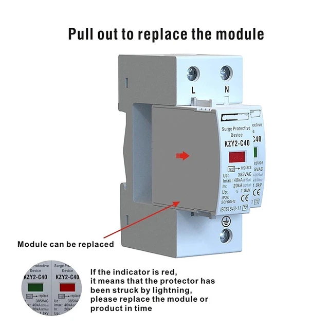 Alt view image 2 of 2 - KZY2-C40 2P AC 275V 385V 20KA-40KA Protector Surge Protector SPD with PE Home Safety Protector(2P 385V)