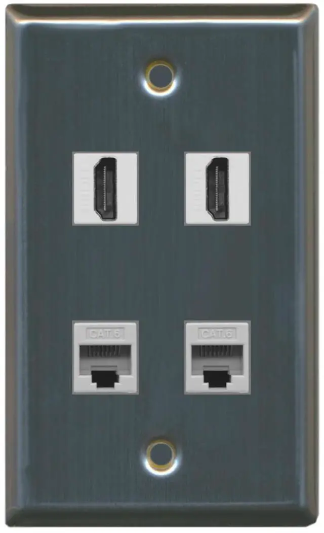 Main image of 2 Port HDMI 2 Port Cat6 Ethernet Wall Plate - Stainless Steel/Gray