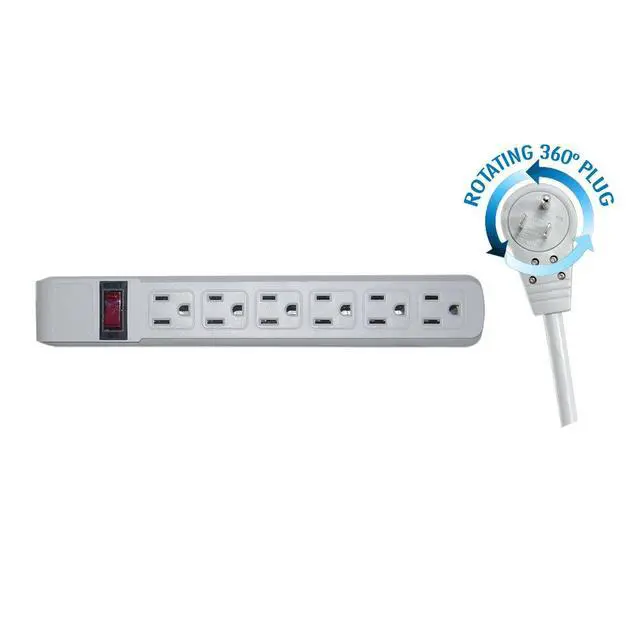 Alt view image 2 of 6 - 6-Outlet Surge Protector Power Strip with 360-Degree Flat Rotating Plug, Gray UL Listed, 1800W, 10 Feet