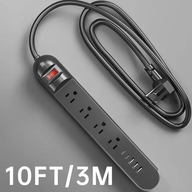 Alt view image 2 of 5 - Tepongofa Power Strip 5FT/10 FT, 13-in-1 Red Switch Power Strip with 8 Outlets 3 USB Ports(2 USB C), Side Plug Design, One-Key Mains Switch,Wall Mount for Home Office, White/Black (Black, 10FT)