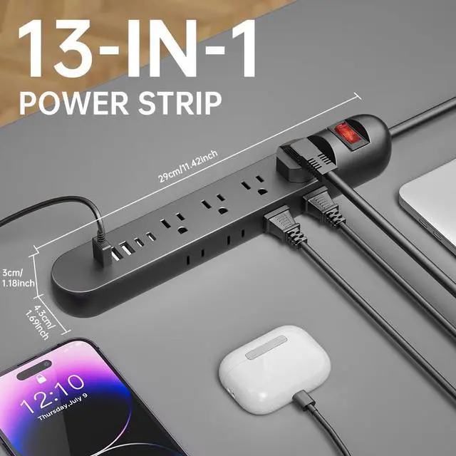 Alt view image 3 of 5 - Tepongofa Power Strip 5FT/10 FT, 13-in-1 Red Switch Power Strip with 8 Outlets 3 USB Ports(2 USB C), Side Plug Design, One-Key Mains Switch,Wall Mount for Home Office, White/Black (Black, 10FT)